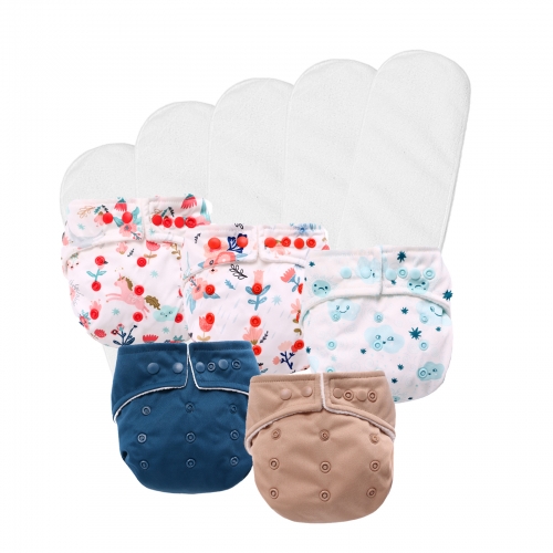 5Pcs Couche Lavable Bébé Réutilisable Réglable Respirante pour Bébés Garçons et Filles avec 5 Inserts